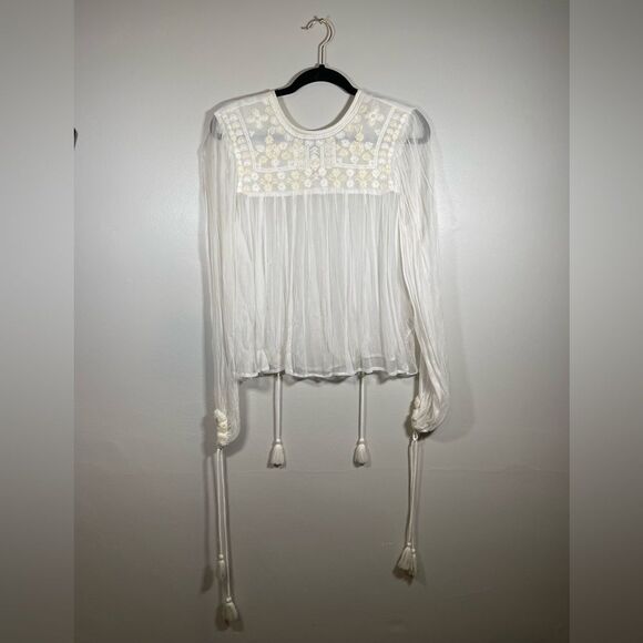 FREE PEOPLE Boho sheer embroidered ivory Blouse Size S - Picture 3 of 7